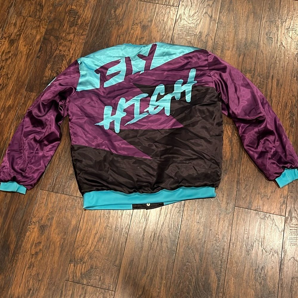 RETRO LABEL satin bomber jacket retro fly high cool‎ jacket in EUC purple teal